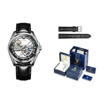 Playboy Time And Space Series Mechanical Movement PU Strap Watch Men's Watches Cut-Out Dial