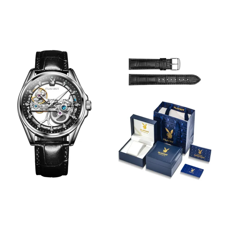 Playboy Mechanical Movement PU Strap Watch Men's Watches Cut Out Dial-0