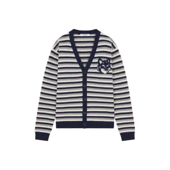 Maison Kitsune Fox Head Intarsia Striped Cardigan