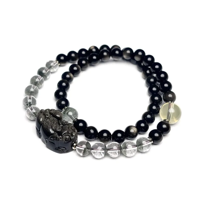 MOUNTAINS AND MANS Natural Obsidian New Chinese Style Stackable Good Luck Beaded Bracelet Unisex-3
