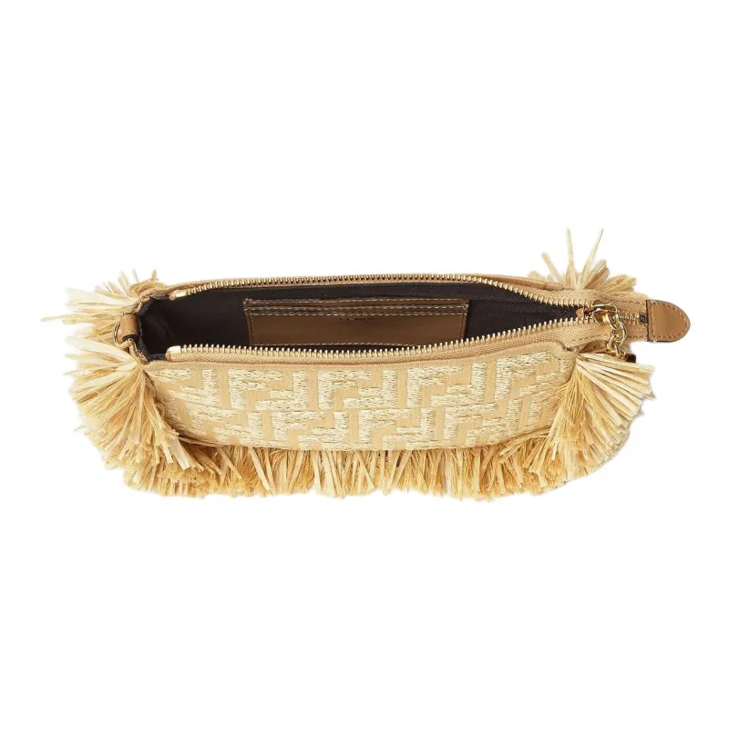 FENDI Baguette Cotton Shoulder Bag Clutch Women's Beige-4