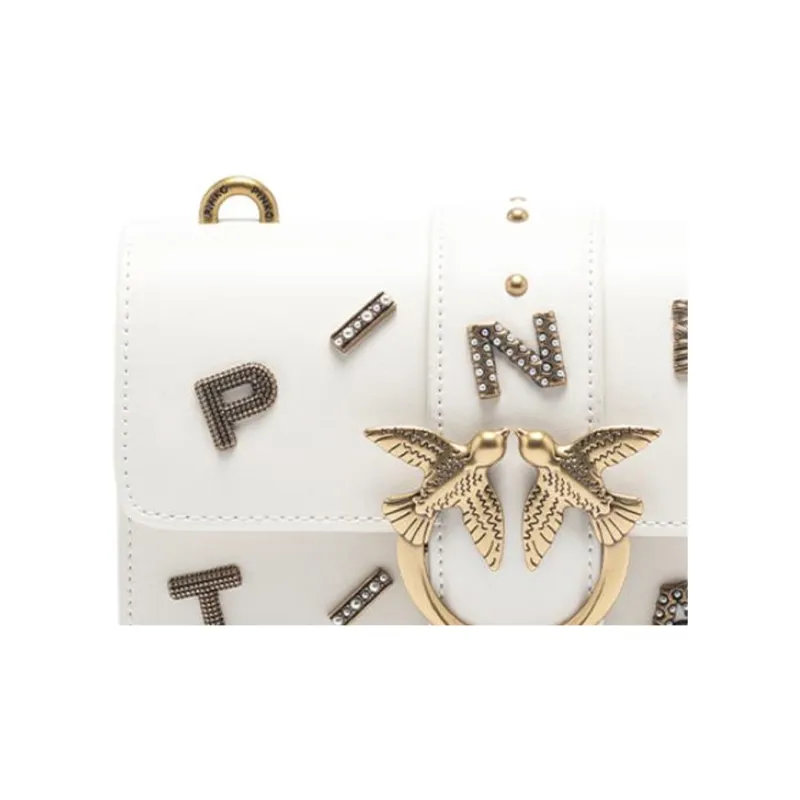 PINKO Cow Leather Flying Bird Swallow Bag Shoulder Bag Crossbody Bag Small Size Unisex Gray White-2