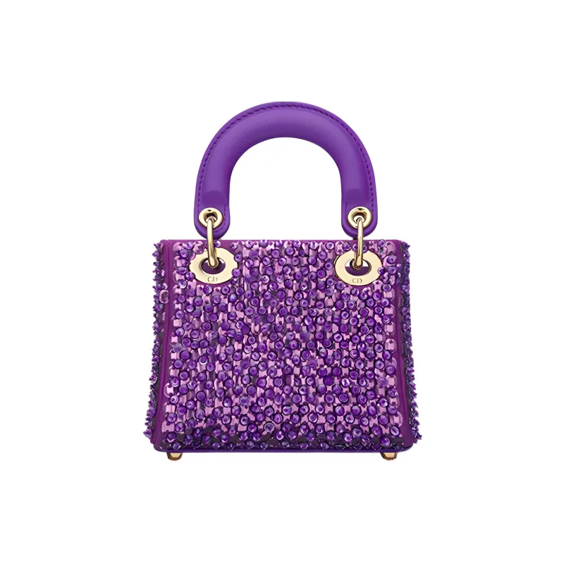 DIOR Lady Dior Rhinestone Embroidered Calfskin Shoulder Bag Crossbody Bag Handbag Mini Women's Purple-2