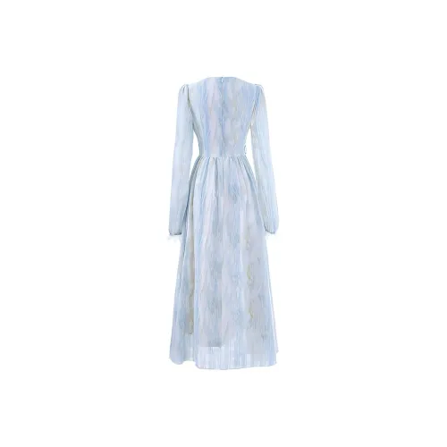 Flowers In Water Long Sleeved Dresses Women's Blue