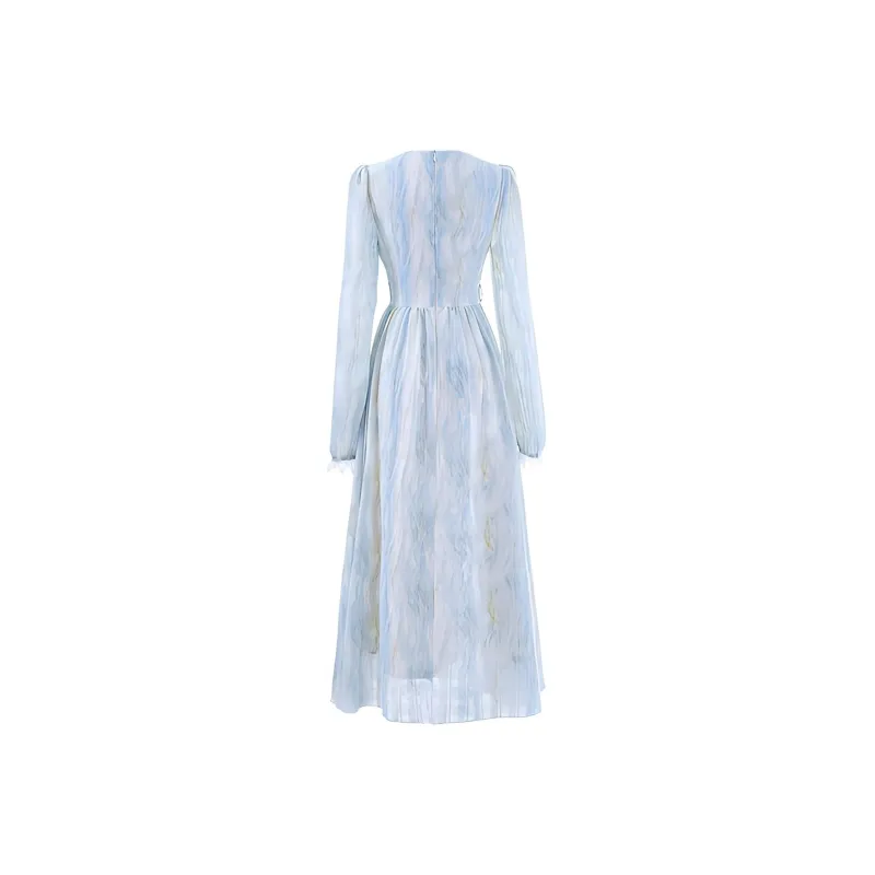 Flowers In Water Long Sleeved Dress Women's Blue-0