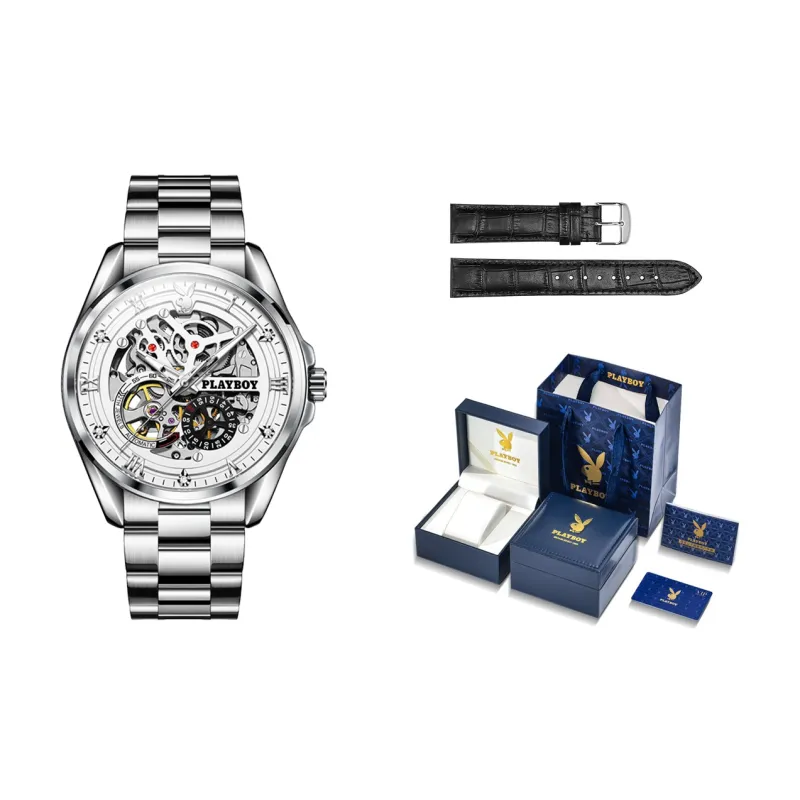 Playboy, Explorer Collection Mechanical Movement Leather Strap Watch Men's Watches White Dial-7