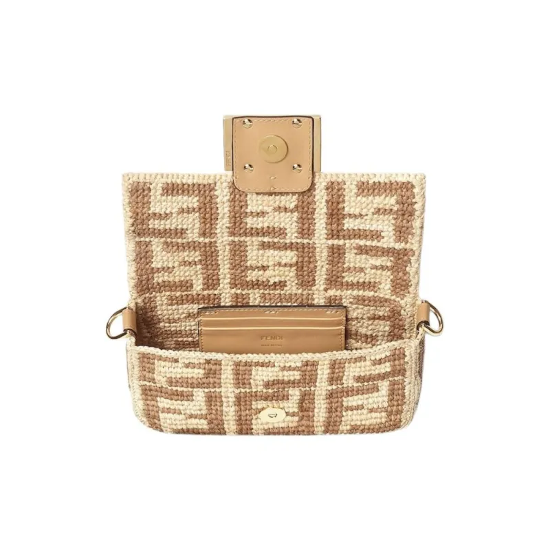 FENDI Baguette Woven Raffia With Calfskin Baguette Bag, One Shoulder Handbag Small Size Women's Ecru-3
