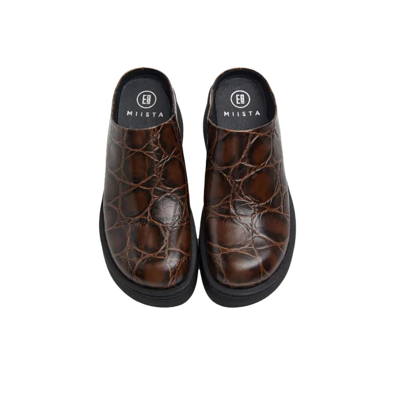 MIISTA Rubber Sole Slip Resistant Cow Leather Closed Toe Slippers Women's Brown-2