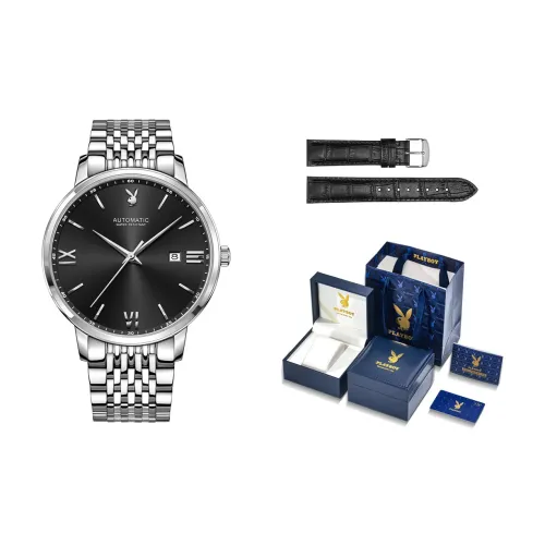 Playboy, Nordic Style Love Collection Mechanical Movement Stainless Steel Watchband Watch Men's Watches Black Dial