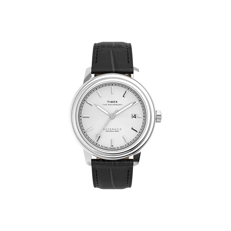 TIMEX Waterbury Collection Wrist Watch Automatic Mechanical Movement Genuine Leather Strap Black Dial Men's Watches-0