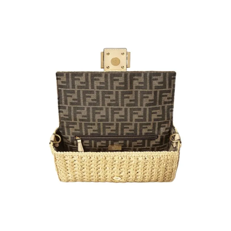 FENDI Baguette Viscose With Calfskin Baguette Bag, Shoulder Bag, Crossbody Bag, Handbag Medium Size Women's Ecru-3