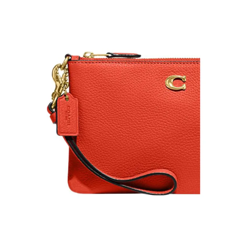 COACH Wristlet Pebbled Leather Clutch Wrist Bag Small Size Women's Orange Red-3