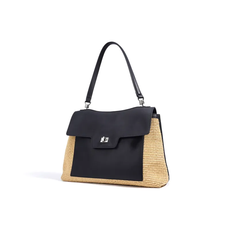 COURONNE Leather With PP Raffia Shoulder Bag Women's Gentleman Black/Bright Moon White/Caramel Brown-15