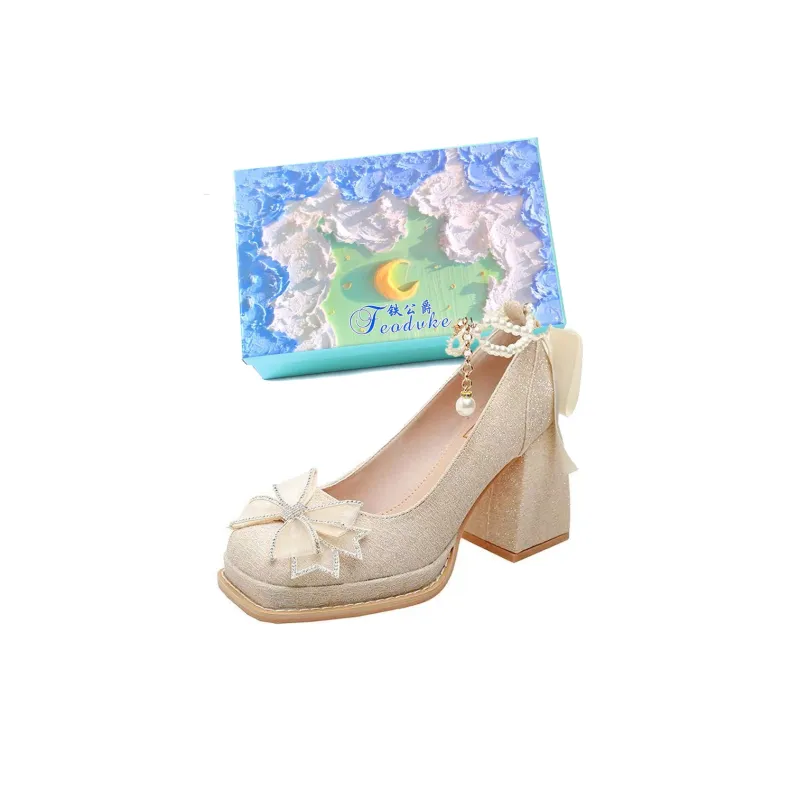 Feo Dvke Chunky Heel High Heels 7cm Women's Apricot Gift Box Set-1