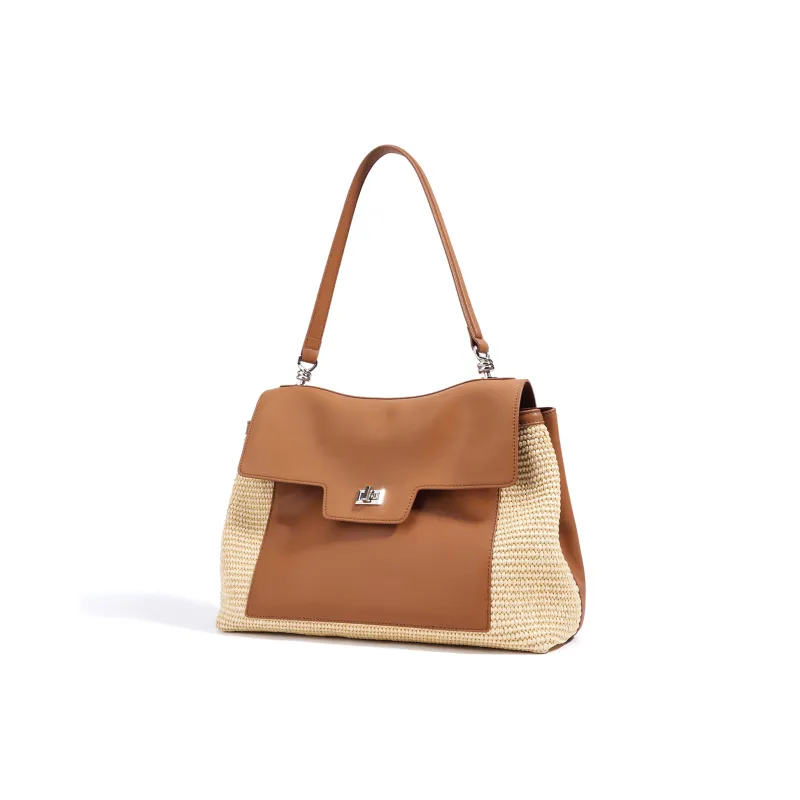 COURONNE Leather With PP Raffia Shoulder Bag Women's Gentleman Black/Bright Moon White/Caramel Brown-1