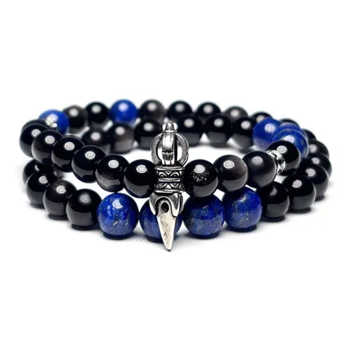 MOUNTAINS AND MANS Natural Obsidian New Chinese Style Stackable Good Luck Beaded Bracelet Unisex