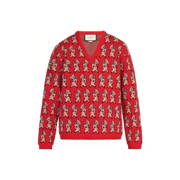 GUCCI Wool Pig Print V neck Sweater