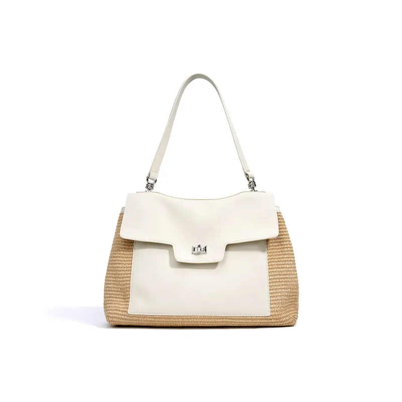 COURONNE Leather With PP Raffia Shoulder Bag Women's Gentleman Black/Bright Moon White/Caramel Brown-11