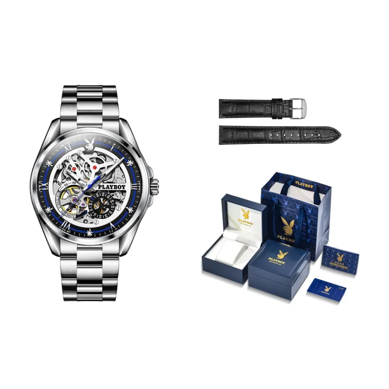 Playboy, Explorer Collection Mechanical Movement Leather Strap Watch Men's Watches White Dial-6