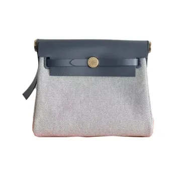 HERMES Herbag Zip Canvas With Leather Crossbody Bag, Shoulder Bag Mini Women's Light Beige & Slate Gray