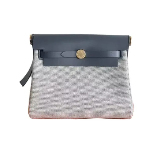 HERMES Herbag Zip Canvas With Leather Crossbody Bag, Shoulder Bag Mini Women's Light Beige & Slate Gray