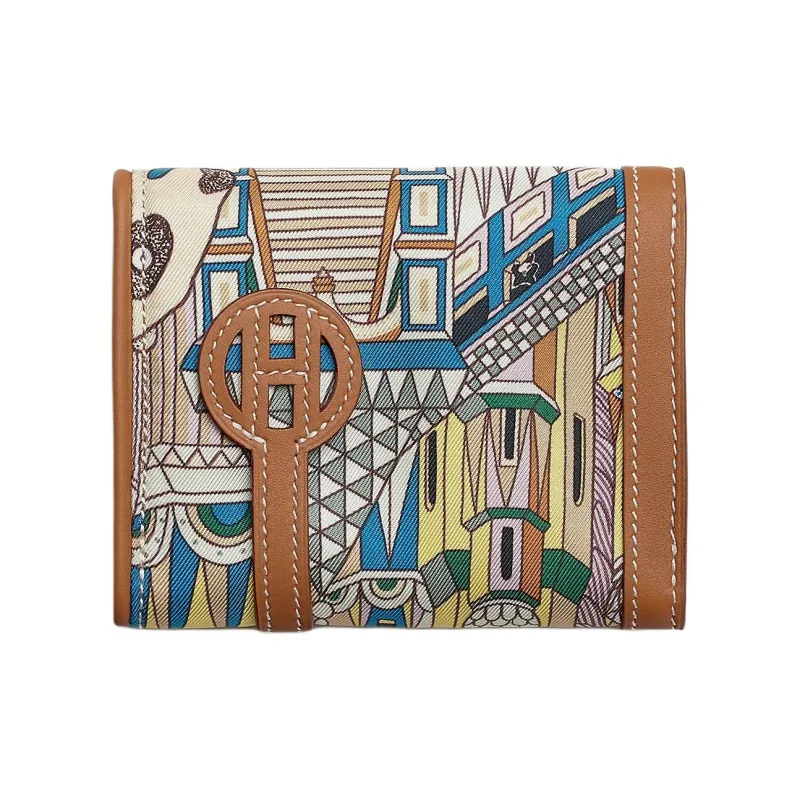 HERMES Avecsoie Animapolis Print Silk Wallet Women's Gold-1