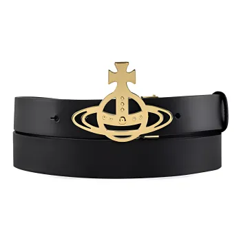 Vivienne Westwood Emblem Pattern Smooth Buckle Leather Belts Unisex Black Width  3cm