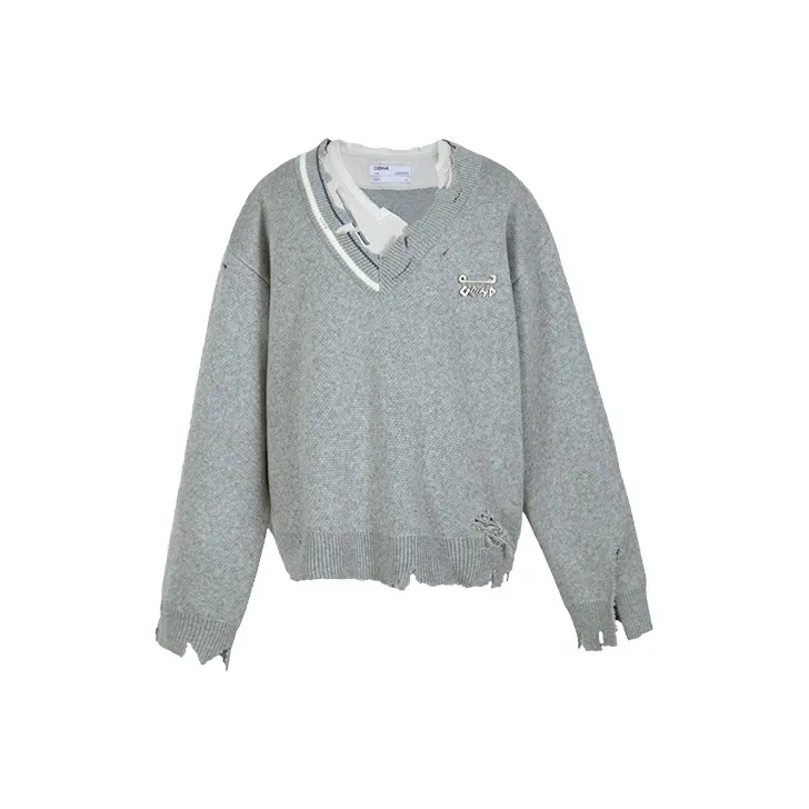 C2H4 Distressed Knit Layered Sweater-3