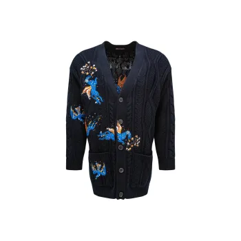 Valentino Navy Blue Utopia World Wool Cardigan Sweater Men's Blue