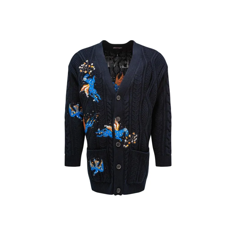 Valentino Navy Blue Utopia World Wool Cardigan Sweater Men's Blue-0
