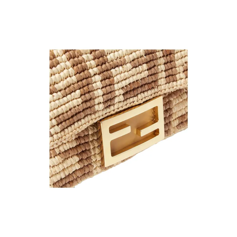 FENDI Baguette Woven Raffia With Calfskin Baguette Bag, One Shoulder Handbag Small Size Women's Ecru-4