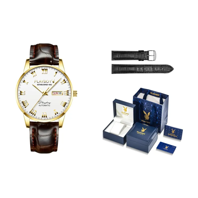 Playboy, Extra Thin Collection Mechanical Movement Leather Strap Watch Men's Watches Black Dial-10