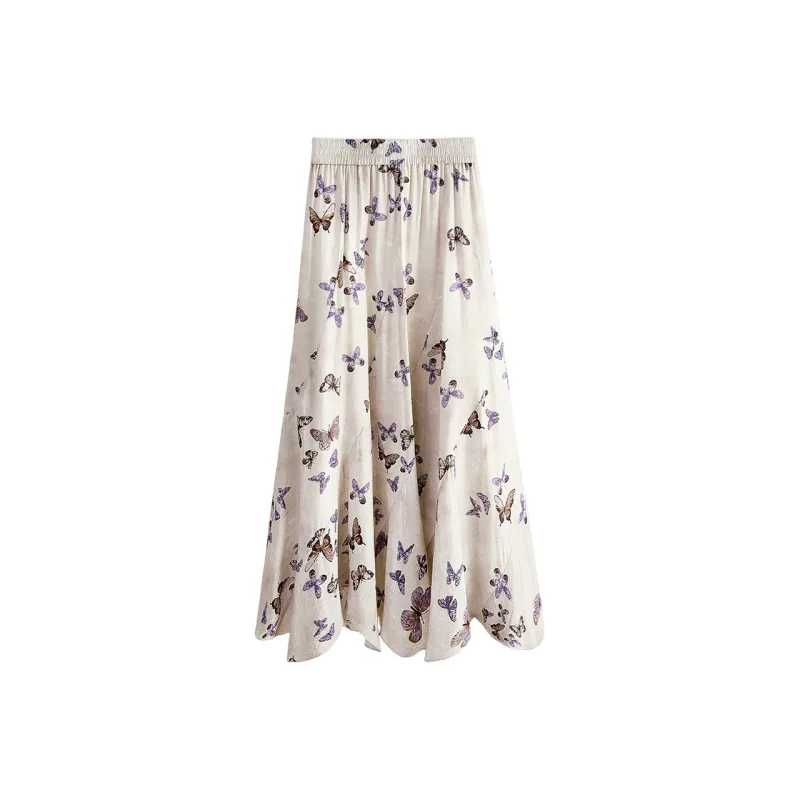 Cypress House Casual Long Skirt Women's Apricot With Butterfly Print-1
