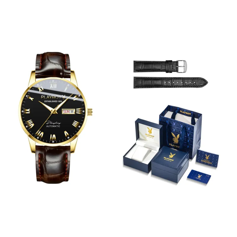 Playboy, Extra Thin Collection Mechanical Movement Leather Strap Watch Men's Watches Black Dial-0