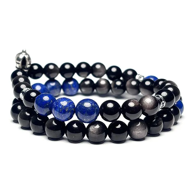 MOUNTAINS AND MANS Natural Obsidian New Chinese Style Stackable Good Luck Beaded Bracelet Unisex-2