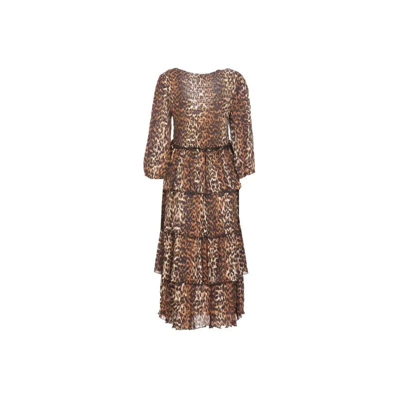 GANNI Leopard Printed Pleated U-Neck Midi Dress-1