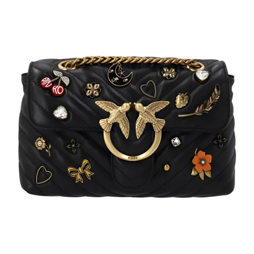 PINKO Calfskin With Sheepskin Accents Chain One Shoulder Pillow Bag Crossbody Bag Small Size Women's Black/Black Gold