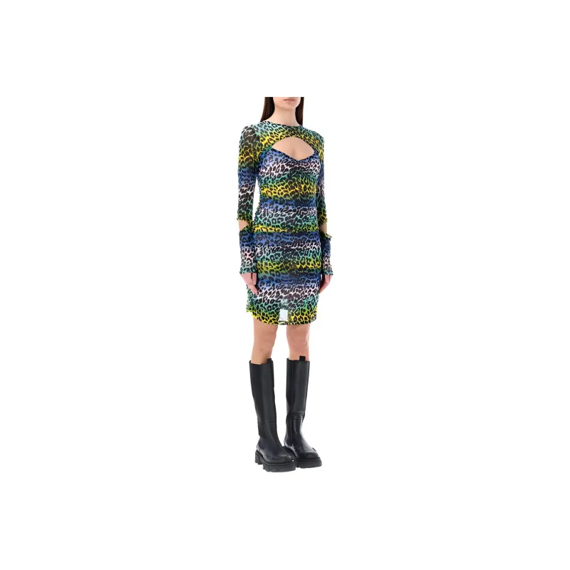 GANNI Printed Mesh Cutout Mini Dress 'Multicolor'-2