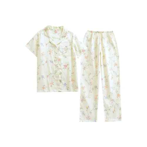 Sleep Pajama Set Women's Light Yellow Flower