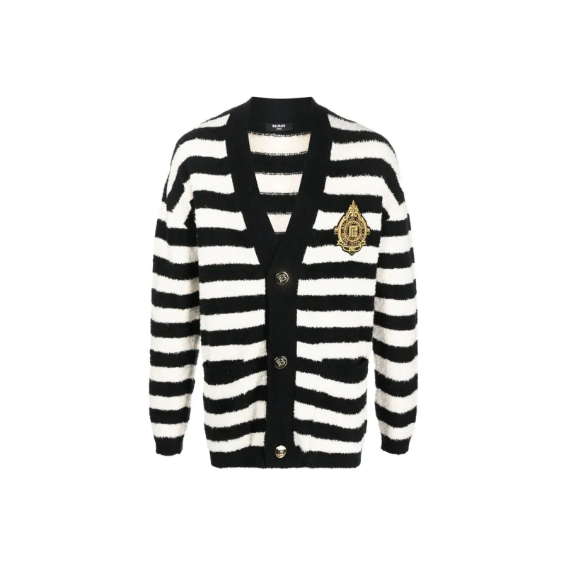 BALMAIN Logo patch Striped Cardigan-0