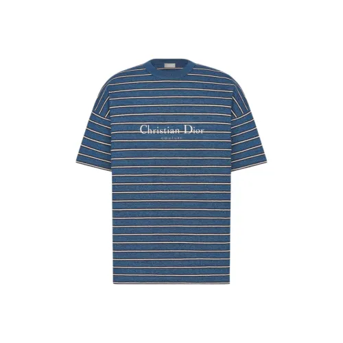 DIOR Stripes Logo Print Crew Neck Loose Fit Short Sleeved T Shirt T Shirt Men's Blue