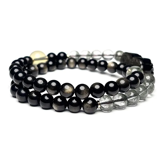 MOUNTAINS AND MANS Natural Obsidian New Chinese Style Stackable Good Luck Beaded Bracelet Unisex-2