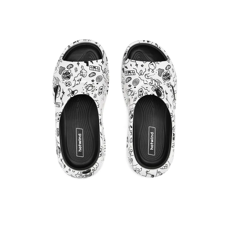 Hotwind Graffiti Slip Resistant Slide Slippers Men's White Black-1
