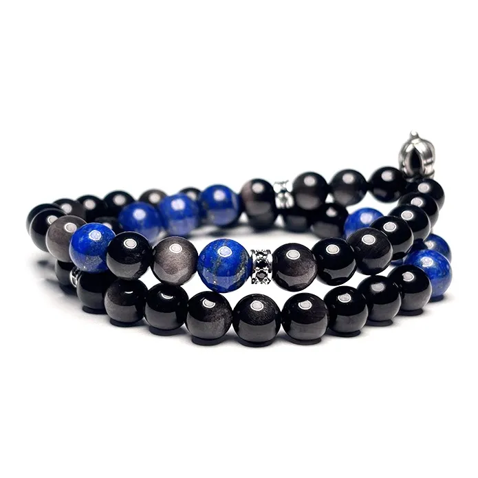 MOUNTAINS AND MANS Natural Obsidian New Chinese Style Stackable Good Luck Beaded Bracelet Unisex-1