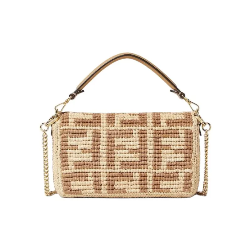 FENDI Baguette Woven Raffia With Calfskin Baguette Bag, One Shoulder Handbag Small Size Women's Ecru-2