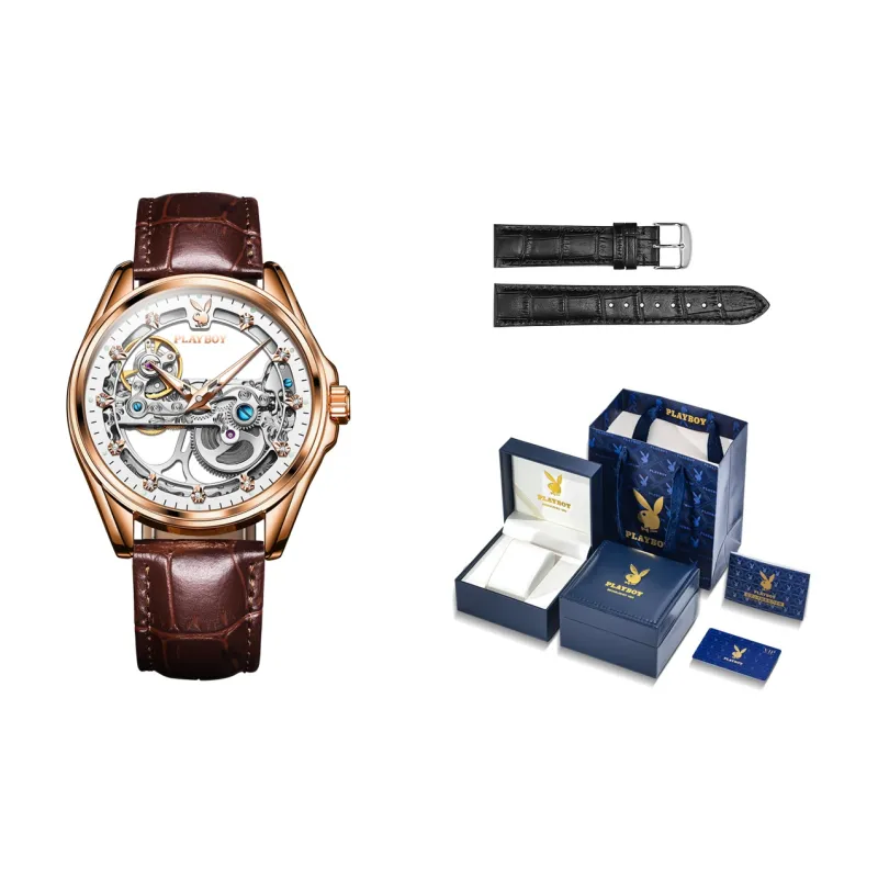 Playboy Mechanical Movement PU Strap Watch Men's Watches Cut Out Dial-12