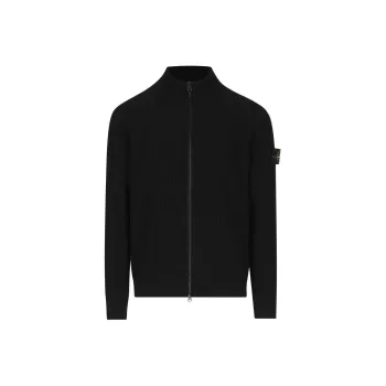 STONE ISLAND Logo Patch Zip-Up Ribbed Cardigan