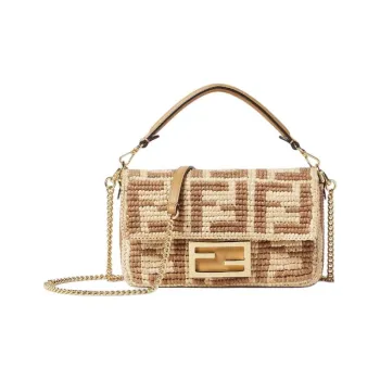 FENDI Baguette Woven Raffia With Calfskin Baguette Bag, One Shoulder Handbag Small Size Women's Ecru