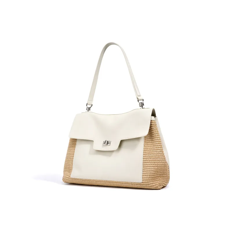 COURONNE Leather With PP Raffia Shoulder Bag Women's Gentleman Black/Bright Moon White/Caramel Brown-12