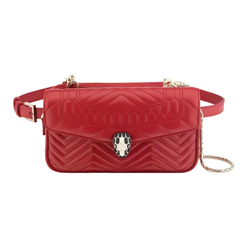 BVLGARI Serpenti Forever Calfskin Snake Head Bag Crossbody Fanny Pack Women's Red-0